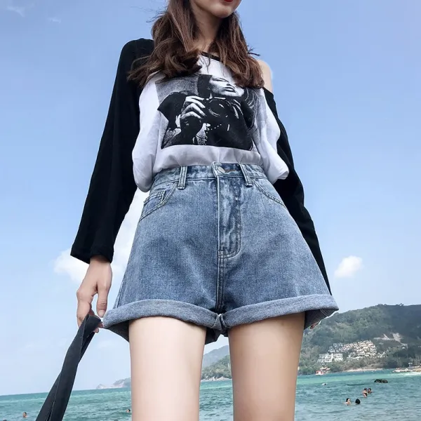 2020년 여름 데님 쇼츠 여피망 레드 슬랙스 한국식 핫팬츠 통통한 사이즈로 슬림한 봄 패션 와이드