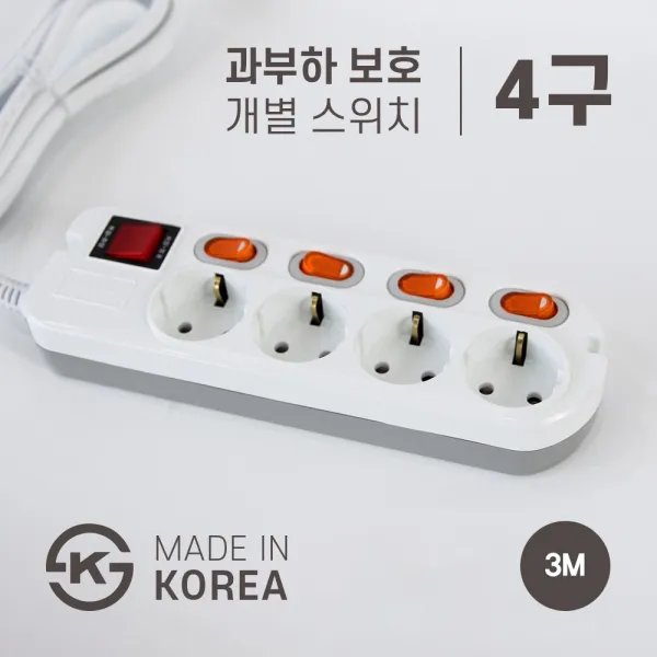 광명전기 일반형 개별스위치형 L형 T형 멀티탭 2구 3구 과부하보호 4구 5구 6구 1.5m 3m 5m 10m 4구 과부하보호+개별스위치형