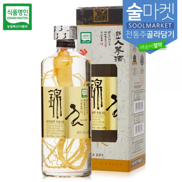 술마켓 200여종 유명 전통주 내맘대로 골라 담기 합배송, 1병, 금산인삼주 수삼 43도 375ml 식품명인