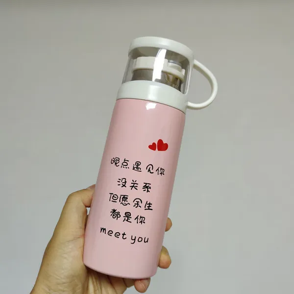 텀블러 보온컵 여성휴대 귀여운 참신한 커플용품 물컵 대용량 스테인레스 학생 심플 차컵 남성, T03-투명뚜껑 350ml핑크 연착
