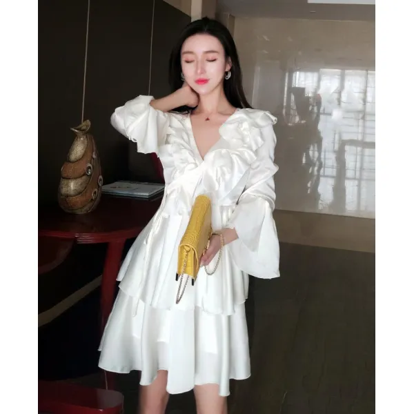 새틴 실크 원피스 봄 여름 여성 디자이너 쉰 레이스 V 넥 허