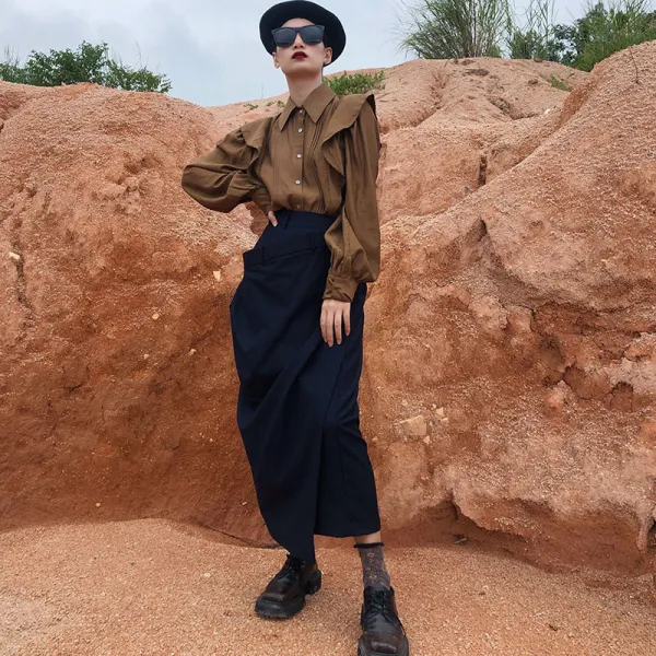 빈티지 긴팔 셔츠 두 해묵다 암초 카 퓨어 칼라 오피스 소매 버튼 단추 버블 페플럼 궁정풍 무드 스커트 3627372075