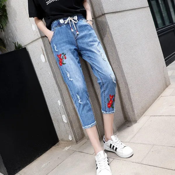 머머다 여자 루즈핏 얇은 7부 데님 찢청 배기 팬츠 바지12 Lku12 594372918237