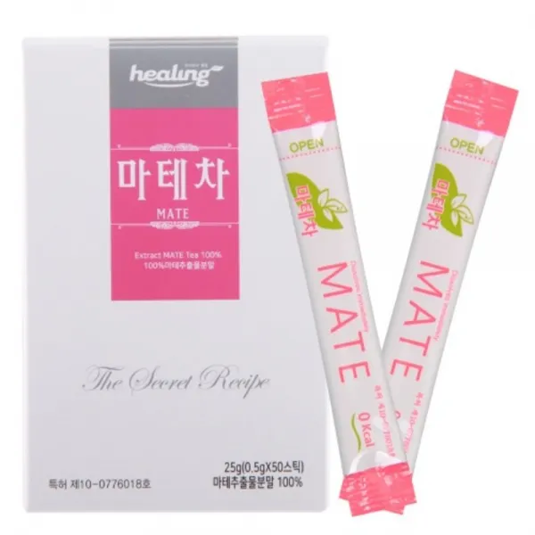 힐링 마테차 추출물 분말100% 아르헨티나산 마테차50포 건강차 국민차 음료 드링크 클로로겐산 비타민 B 미네랄, 50스틱, 0.5g