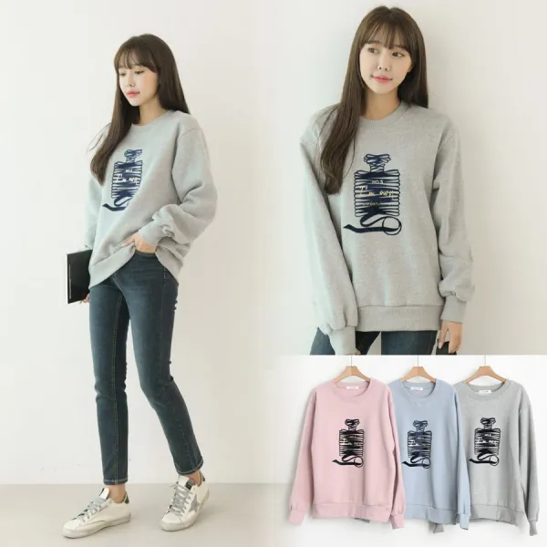 chicme 시크미 여성 향수병 나염 기모 맨투맨 티셔츠