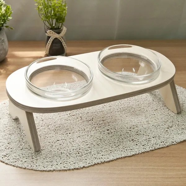 아쭈 유리식기 2구 고양이 강아지 원목 식탁 경사형 7cm 1개