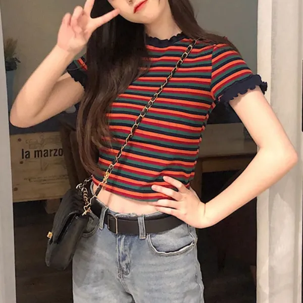 kirahosi 여자 여름 대학생 크롭티 줄무늬 단가라 티셔츠 + 덧신 증정 BDi5n2nr