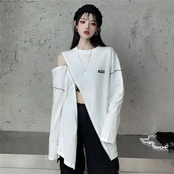 여자 새로운 가을 라운드 하프 루즈 지퍼 패션 잘 어울리는 디자인 길이감을 최고조까지 끌어올린 팔 티 셔츠 여성복 상의