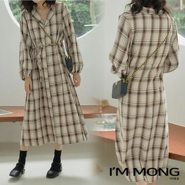 아이엠몽 여성 가을 데일리 캐주얼 아메카지 예쁜 편안한 허리끈 셔츠 원피스 미로팅