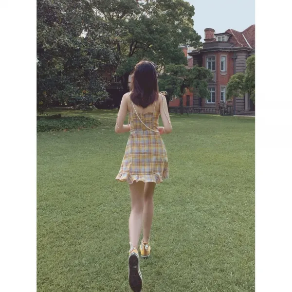 체크 원피스 하프 레트로 하이웨스트 프릴 숏 스커트