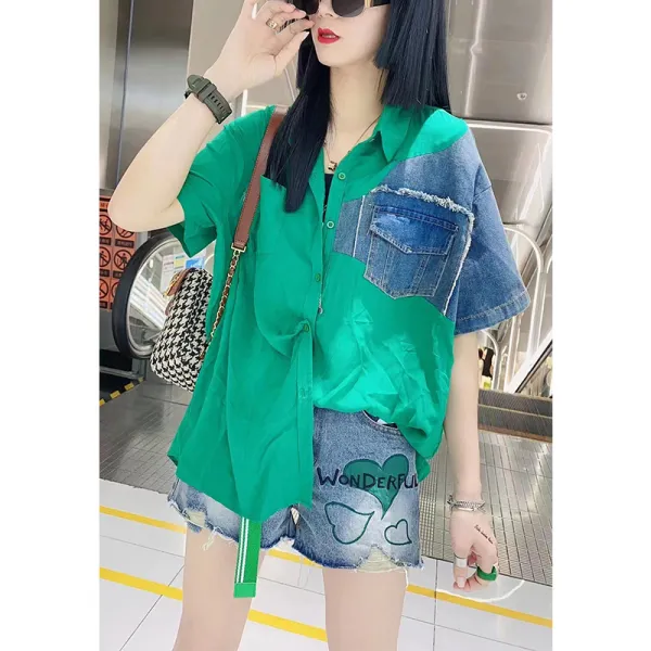 카라넥 얼굴 생김새가 진지하다 클래식 데님 패치워크 그린 반팔셔츠 여성 상의 여름 2022 유럽식조류 4808358690