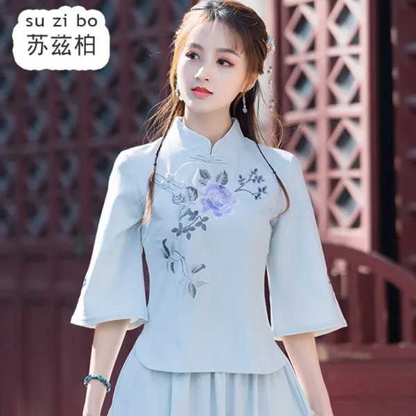 봄여름 에스닉 여장 차이나 자수 개량 치파오 상의 여한복 규 꿀복