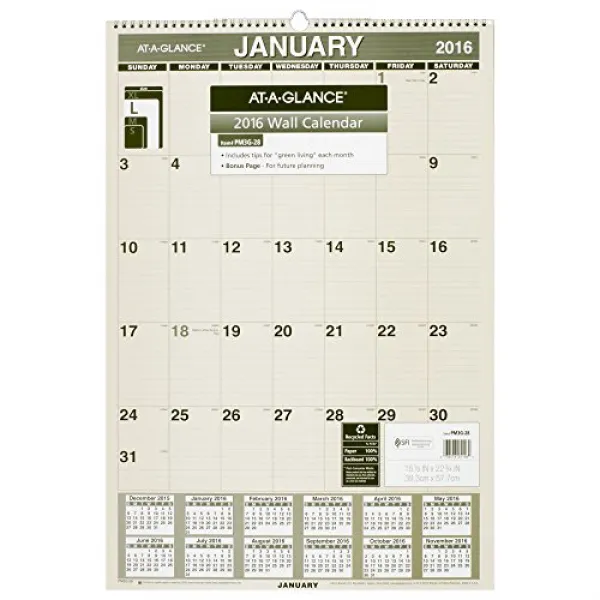 AT-A-GLANCE Monthly Wall Calendar 2016 Recycled 15-1/2 x 22-3/4 Inches (PM3G-28) AT-A-GLANCE 월별 달력, nullSET