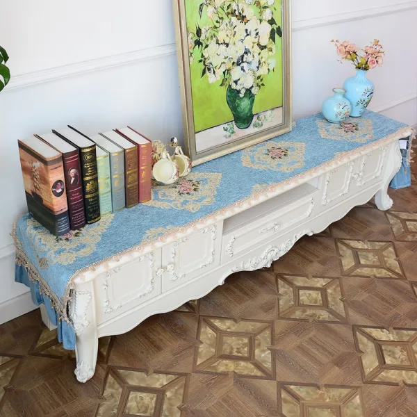 유러피안 TV거실장 테이블보 퀼트 신발장 덥는천 탁상용 천 차탁 패드 롱 사각 테이블 러너 가리다 뚜껑 먼지방지 커버, 맟춤제작 고객 서비스에 연락해죠, 쑥 쌀 리아 블루 (스커트를 거드름을