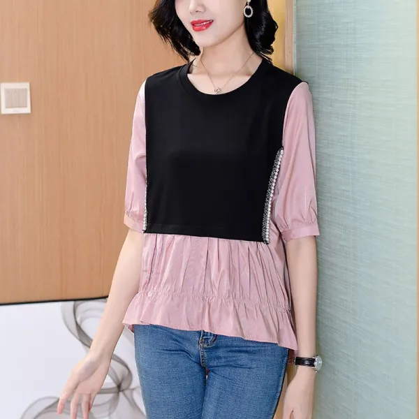 구월맥묵 인형 셔츠 반팔티셔츠 여성 여름 여성의류 패치워크 와이드 루즈핏 상의