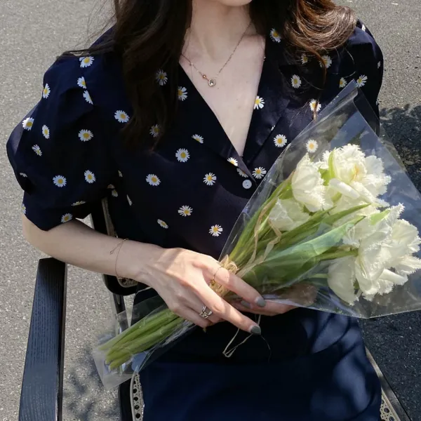위파인더 섣달그믐 여름 한국판 데이지 플라워 빈티지 반팔 블라우스 여성 정장 셔츠 55