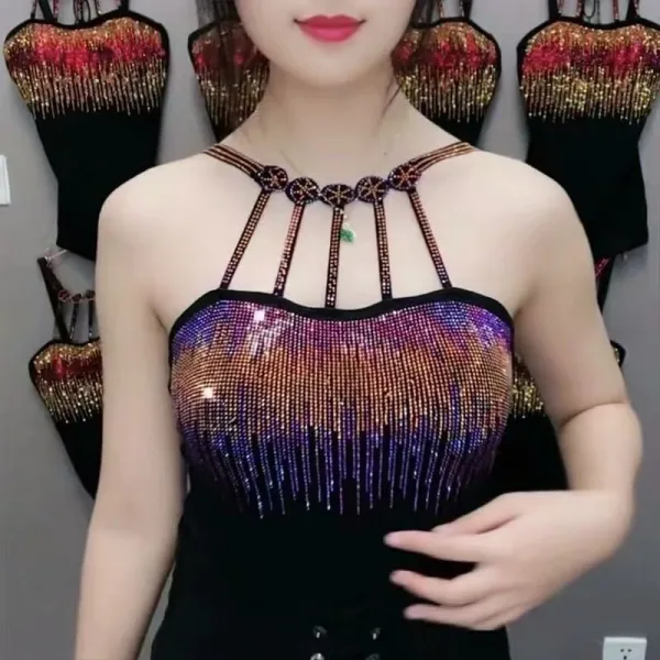 유럽역 마이크로몰 레드 컬러 헴라인 가슴끈 큐빅 체인 라인 여성 롱 나시