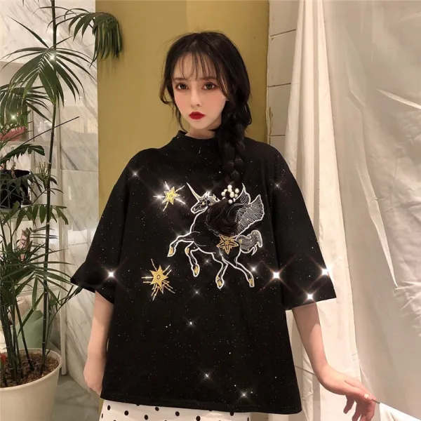 저렴한 자수반팔티셔츠 초화 sec 여 하복 슨 계 루즈 ins 상 옷 매고 나태 바람
