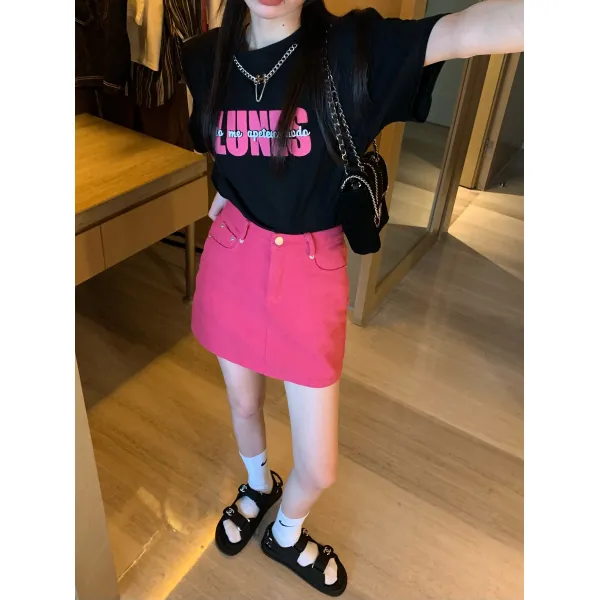 2022 신상 빈티지 반팔 블라우스 여성 티셔츠 여름 매콤 블랙 루즈핏 유니크한 숄더 트렌드