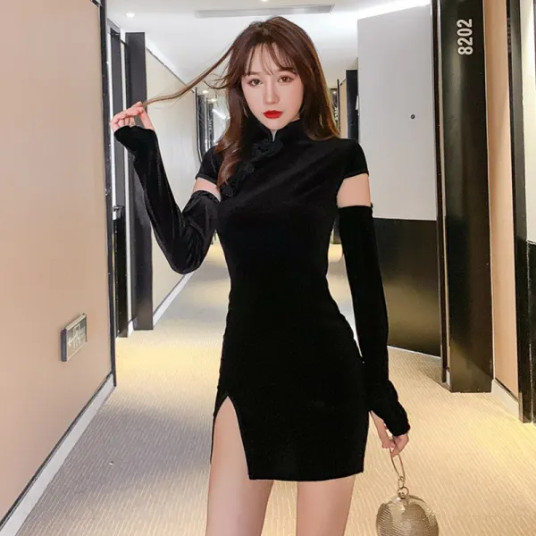 치파오 가을 새 벨벳 날씬해 보이고 하이 쿨 어 언니 바람 성숙 원피스 여 추동 섹시 스커트