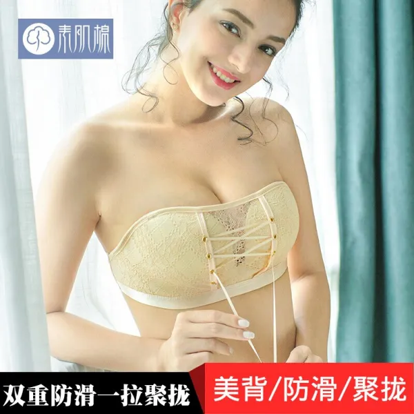 흰 근면 어깨끈이 없는 브라 웨딩드레스 여사 란제리 모아서 가슴 섹시 미 등 레이스 미끄럼 방지에 스텔스 브라 Y94 피부 32/70a, 단일상품