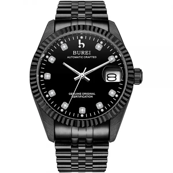 Brand: BUREI 사파이어 크리스탈 라인 석 마커와 BUREI 남성 고급 자동 시계 날짜 표시