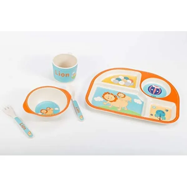 QTHINGS Bamboo Fiber Kid s LIONS 식기 세트 : 재미 있고 공상적인 접시 그릇 컵 포크 및 스푼 키트, 상세 설명 참조0, 사자