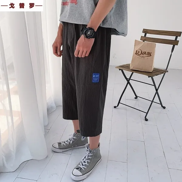 6점 여름옷 블랙 원단 누런색 본 적이 없다 무릎 라이딩 대학생 7칠부바지 남조 와이드 루즈핏 6부