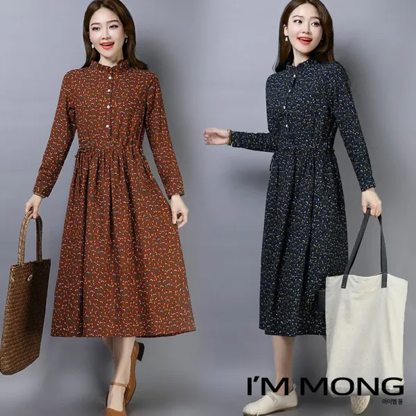 아이엠몽 여성 꽃무늬 꽃패턴 프릴 스트링 환절기 가을 롱 원피스 푸카밍
