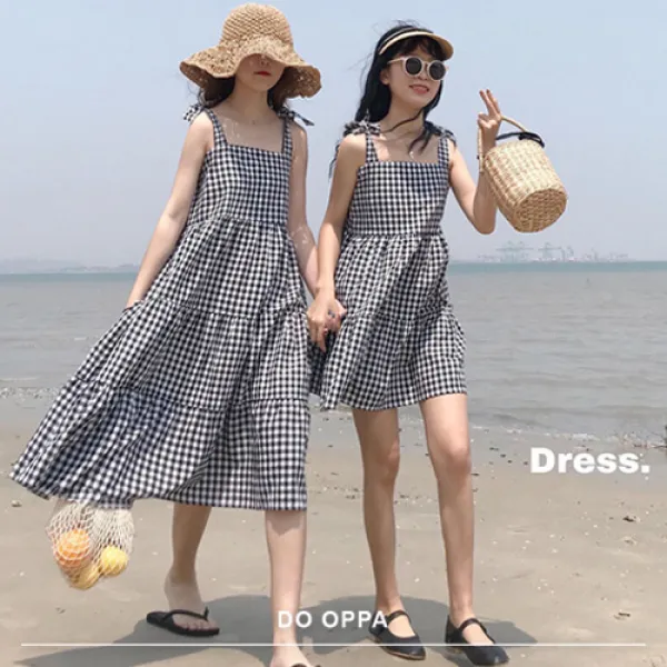 도오빠 여성 미니원피스 체크 러블리 큐트 여자 나시 원피스치마 미디원피스