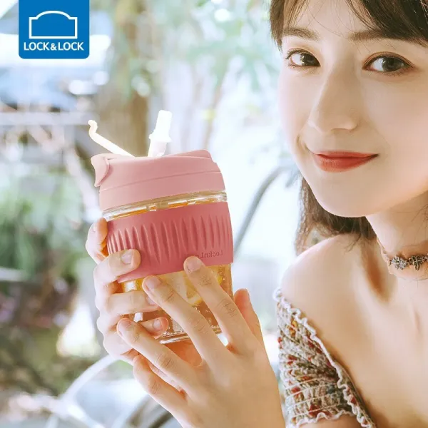LOCK 스냅 백 유리차 컵 남녀 학생 심 플 빨대 식 휴대용 커피 잔 연지 색 350 ML (불 타 는 예매 중), 상세페이지 참조