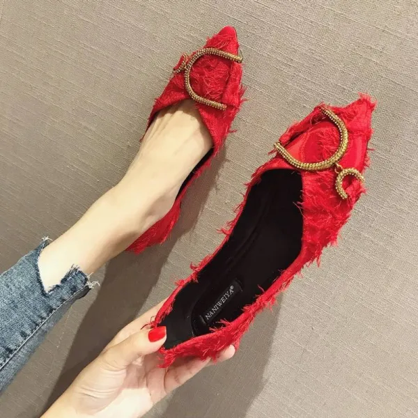 메쉬 레드 플랫 자녀 봄 단신 뾰족코 선 기 연 입 선녀 부드러움 늦은 신발