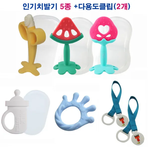 퍼펙션-심통 과일치발기3종(바나나+수박+딸기)+심통젖병치발기(화이트)+손가락치발기+클립(2개) 치발기