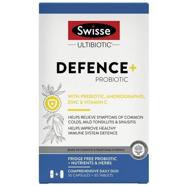 스위스 Ultibiotic Defense+프로바이오틱 감기 편도선염 부비동염 소화건강60캡슐, 1개, 60캡슐