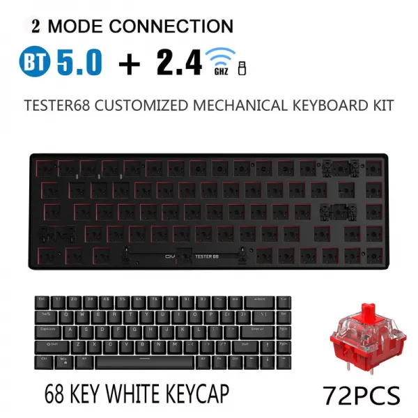 TESTER68 DIY 핫플러그 기계 키보드 키트 무선 블루투스 2.4G 2 모드 게이머 60% 키보드(3인치/5인치 스위치용), 규격 없음, 뛰다전환하다.키 캡, 중국.