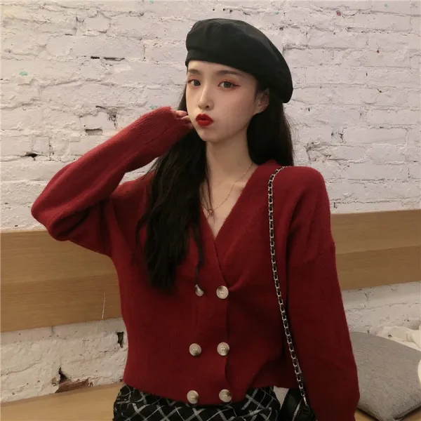 히트라고 여성 가을 겨울 더블 브레스트 베이직 가디건 Kyw