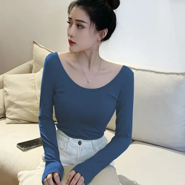 U넥 솔리드 여성 소매 섹시 뒷돈 노출금액 상의 겨울 가을 계절 블랙 슬림 이너웨어 로우 칼라 트렌드