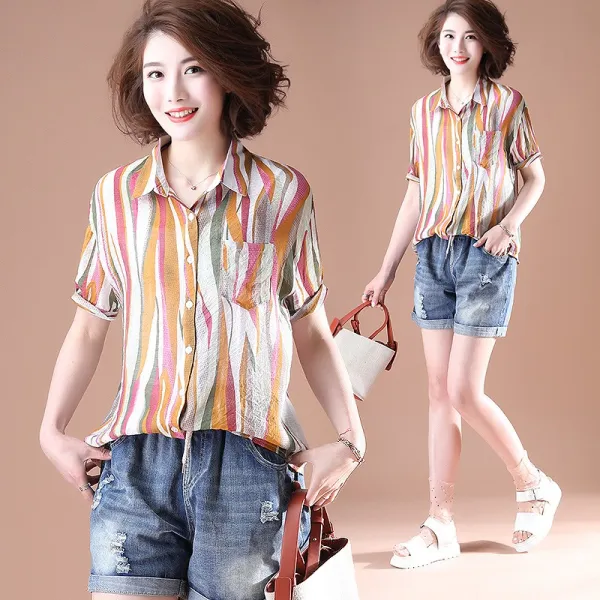 패션이루 린넨 빅사이즈 미시 셔츠 반팔 캐주얼 루즈 블라우스