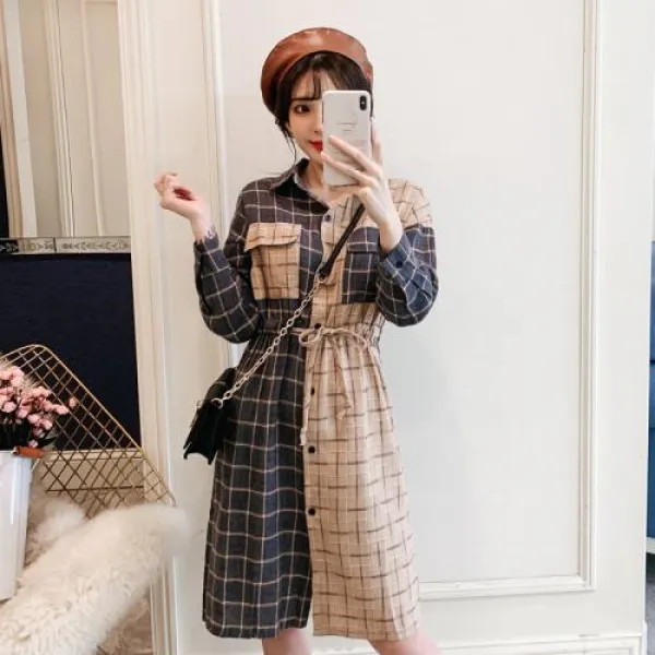*입다* 여성 네이비 베이지 하프 체크원피스