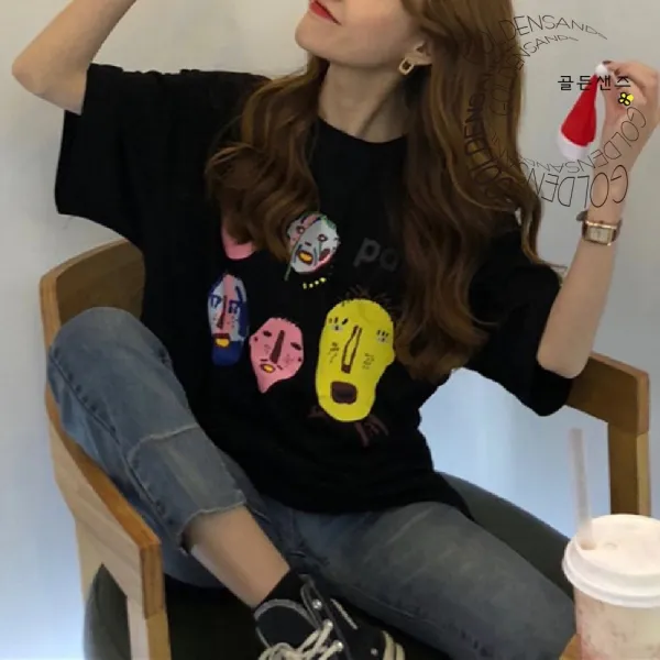 개강 패션 페이스 프린팅 오버핏 박스티셔츠