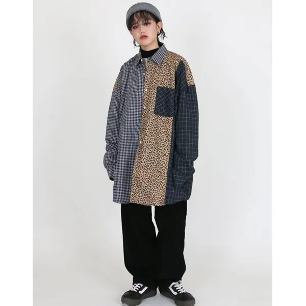 와이셔츠 진귀함 매우 게으르다 체크 호피 패치워크 보이핏 볼륨 디자인감각 클래식 트렌드 키치한 언발 여성 2659899236
