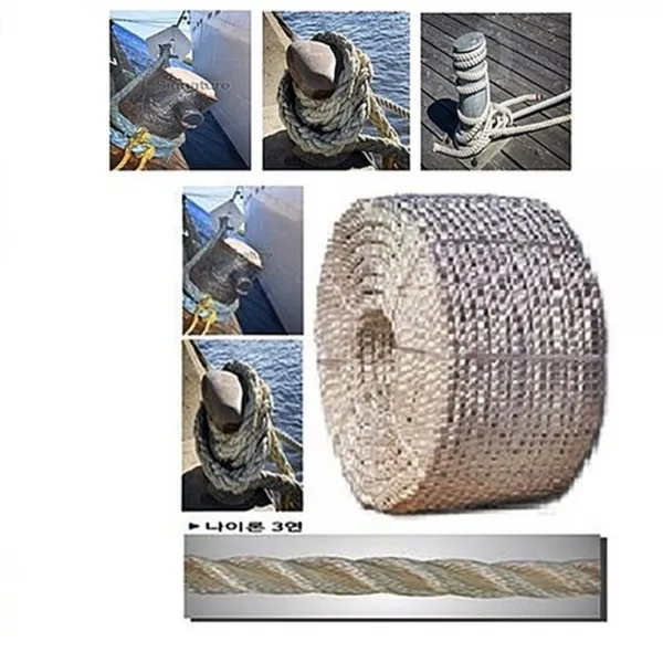 한빛RUbbr 국산 로프 A급 나일론 3연 38mm x 200m 어업용 건설 현장 건축 항구 양식장 선박용 선착장 항만 닻줄용 정박 울타리 Mooring용 호저용 산업형장 안전바 다용도 안전망 밧줄 노끈 끈 빌딩 공사 교량용 안전유도용 마찰강도우수, 1개