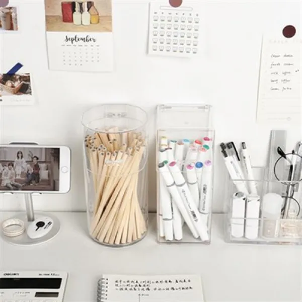 연필꽂이 Ins풍 무인도 심플 투명 아크릴 커버 수납통 필통 케이스 브러쉬통 01 아크릴 사각 수납통