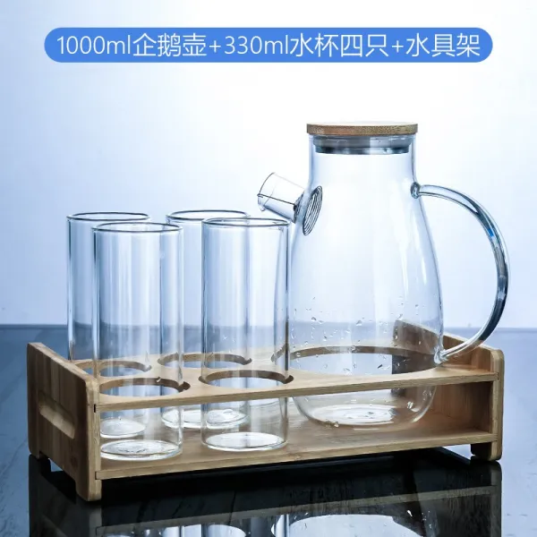 춥다 물병 가정용 유리 내고온 냉수물병 컵룩물용기 대용량 활동 표적 저장함 물찌르다 주전자, 1000ml 펭귄 포트 330ml 컵