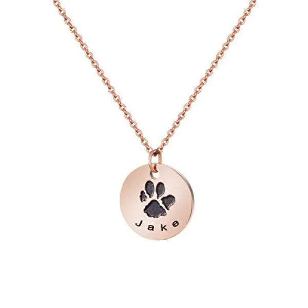 Jake 개인화 된 개 고양이 이름 새겨진 목걸이 작은 우아한 섬세한 Pawprint 디스크 로즈 골드 펜던트 크리스마스 선물 엄마 딸 가장 친