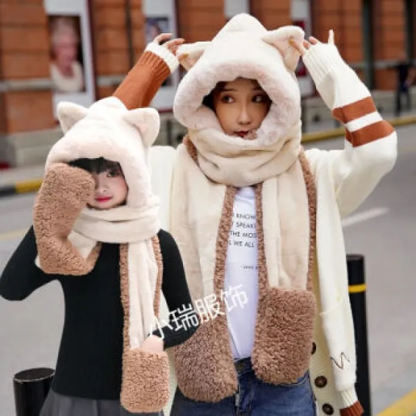 같은 모자 여가을겨울 어린이 귀여운 봉제 인형 장갑은 한판 귀 보호 보온 3피스 세트 조장 대아기 결장