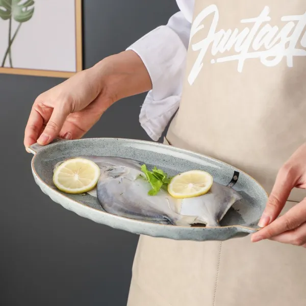 생선찜 더블 귀 양수 가정용 노르딕 심플 가볍게 사치한 프놈펜 도자기 고추를 잘게 다지다 생선머리 3957096022, 돌무늬 12 인치 생선 접시 -W00