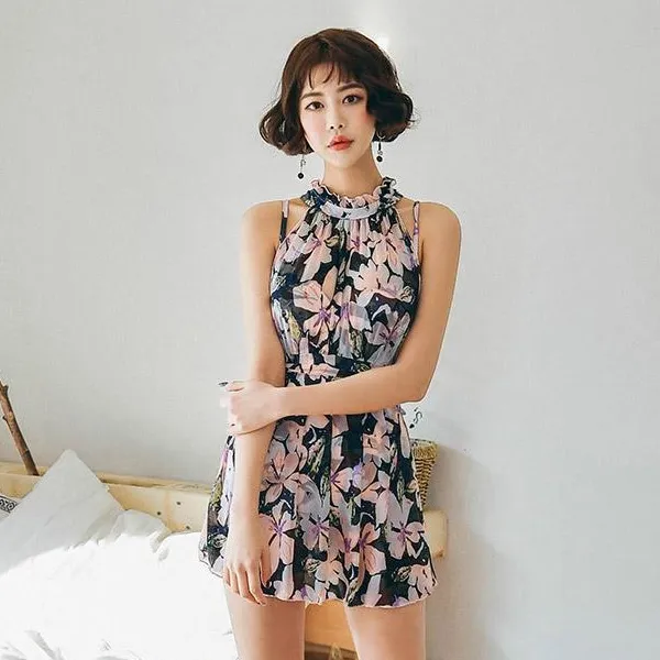 헤링본 원피스비키니 플라워 홀터넥 수영복 모노키니 쉬폰 치마 휴양지 바캉스룩 비치웨어 C484