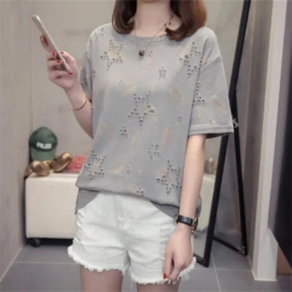 마마퀸 여성빅사이즈 라운드넥 별무늬헤짐 반팔티셔츠 9M0819009 빅사이즈티셔츠