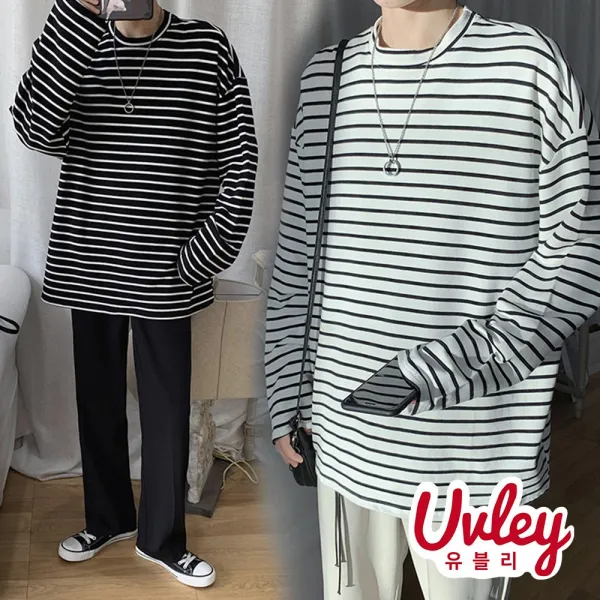 유블리 남성 스트라이프 루즈핏 긴팔 티셔츠 3color 편하고 힙한 캐주얼룩 봄 가을 티셔츠(UV028WD)